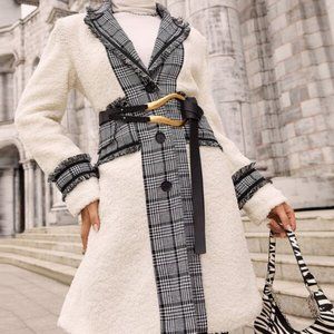 Contemporary cream Plaid Panel Raw Cut Teddy Coat